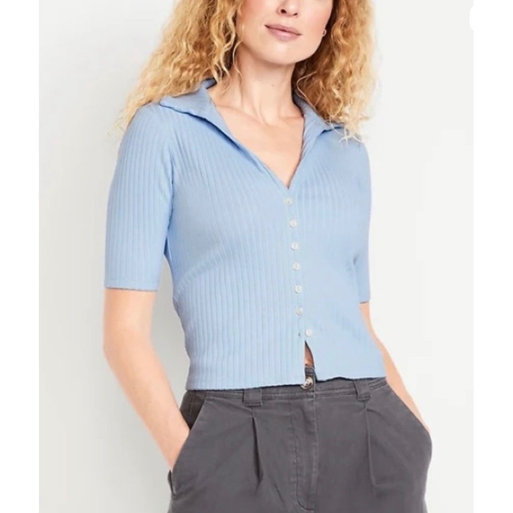 Old Navy Ribbed Button-Front Polo Top Womens XXL Blue Short Sleeve Cardigan NWT